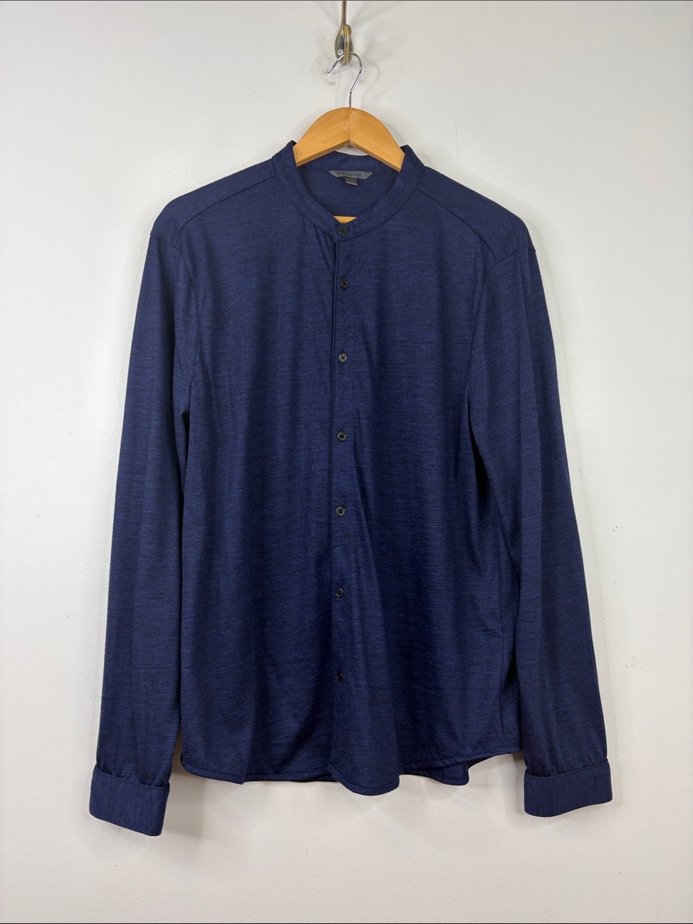 John Varvatos Shirt Mens Large Navy Blue Merino Wool Mandarin Collar Button Up